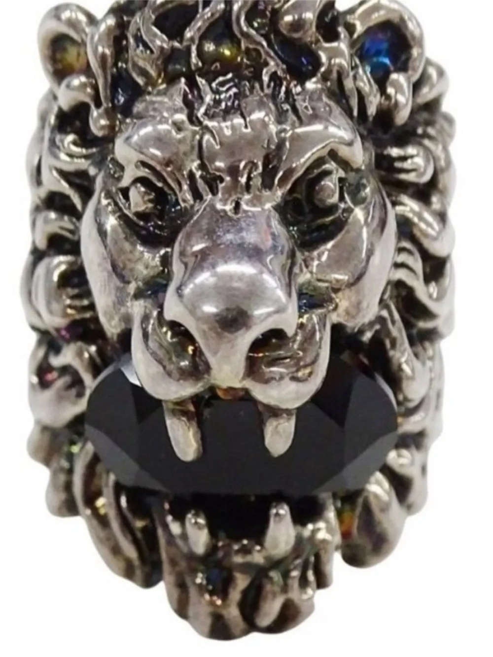 Unisex, Gucci, Lionhead, silver metal motif ring size 4 black Crystal made Italy